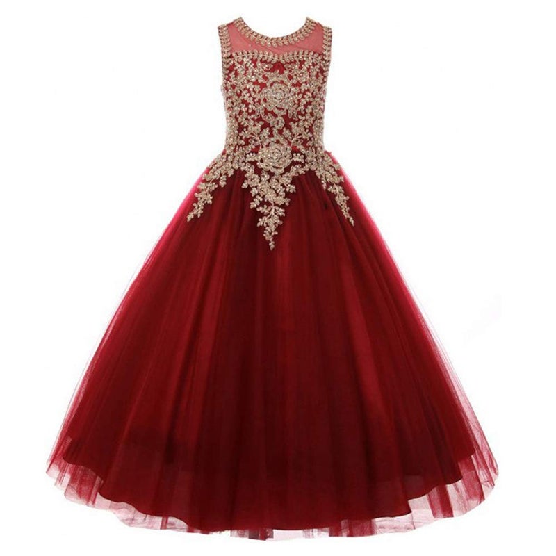 WDE Formal Little Girls Long Pageant Dresses Prom Ball Gown Gold Lace Burgundy Tulle Size 4 - Image 1